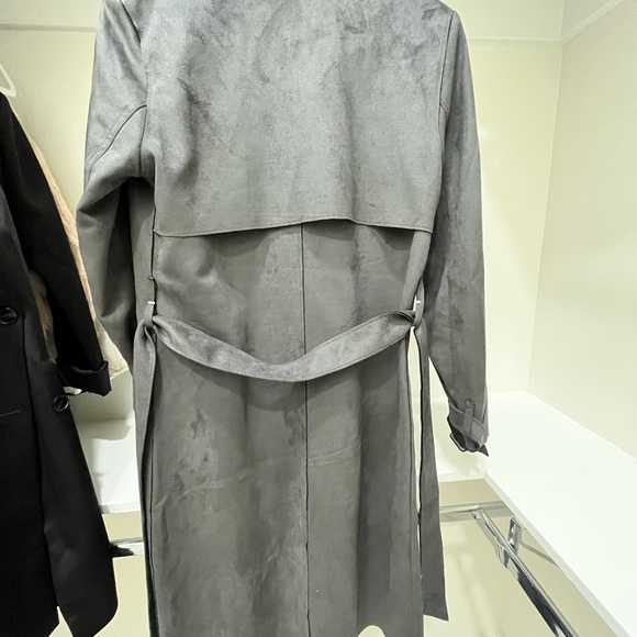 Tahari Faux Suede Long Open Trench Coat in Smoke - Picture 2 of 3